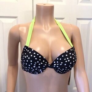 California Waves Black & White Polka Dot Neon Strappy Push Up Bikini Top Medium